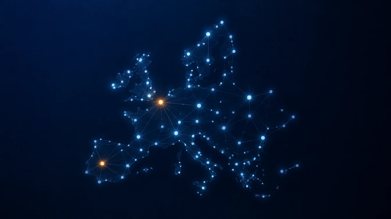 Abstract illustration: a network of connected points across Europe, representing EU-wide payment fraud monitoring