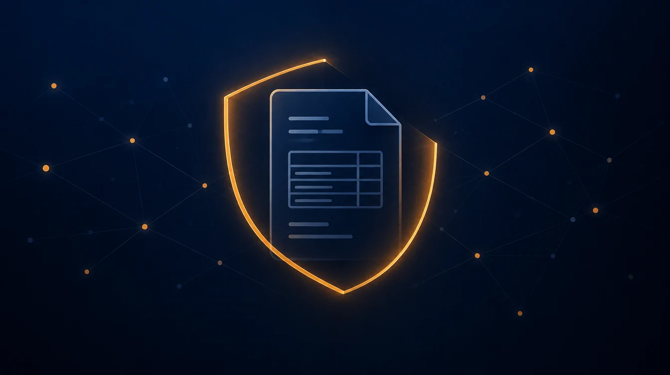Abstract illustration: a shielded invoice, representing invoice fraud protection