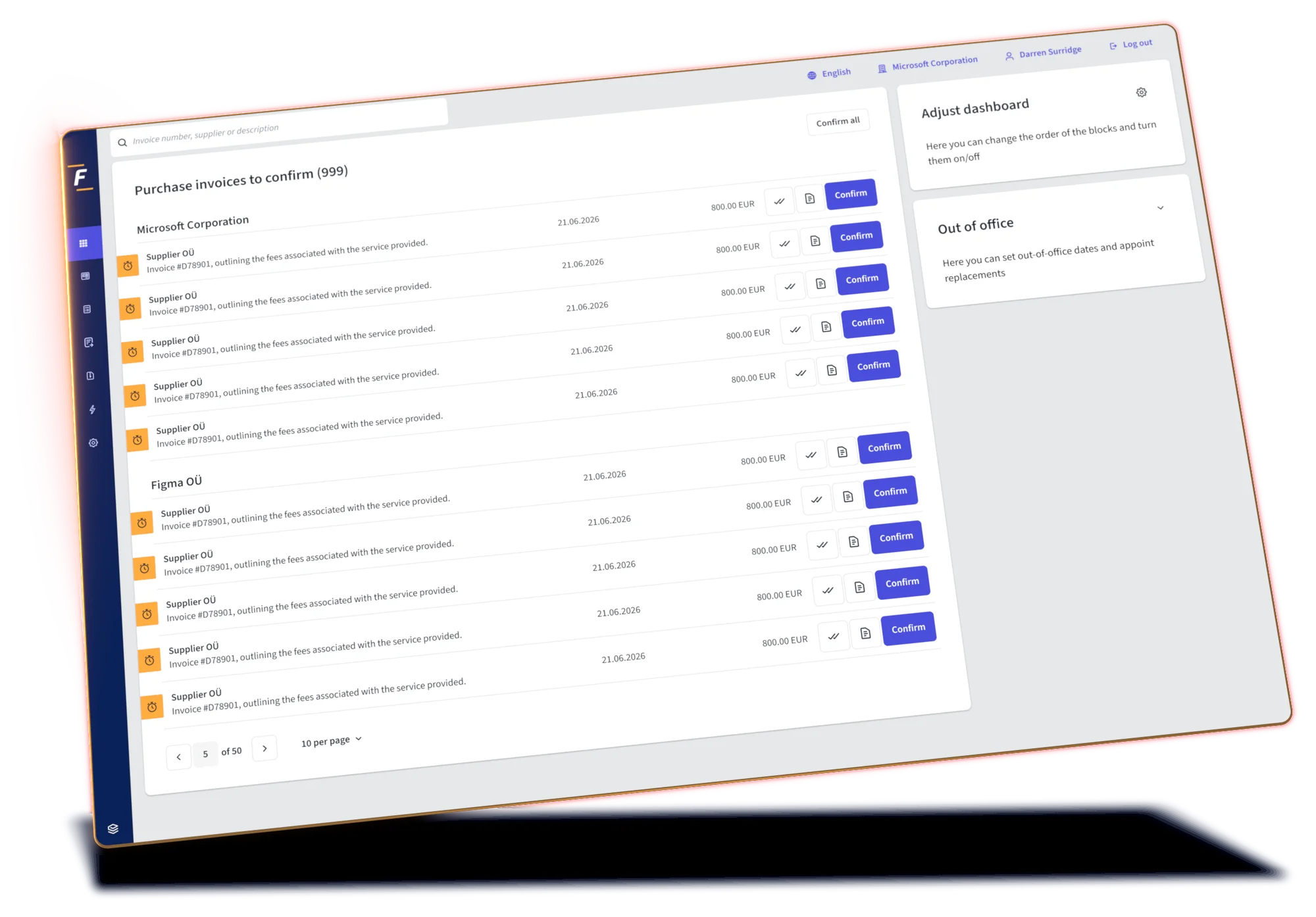 Fitek platform screen: invoice approval workflow