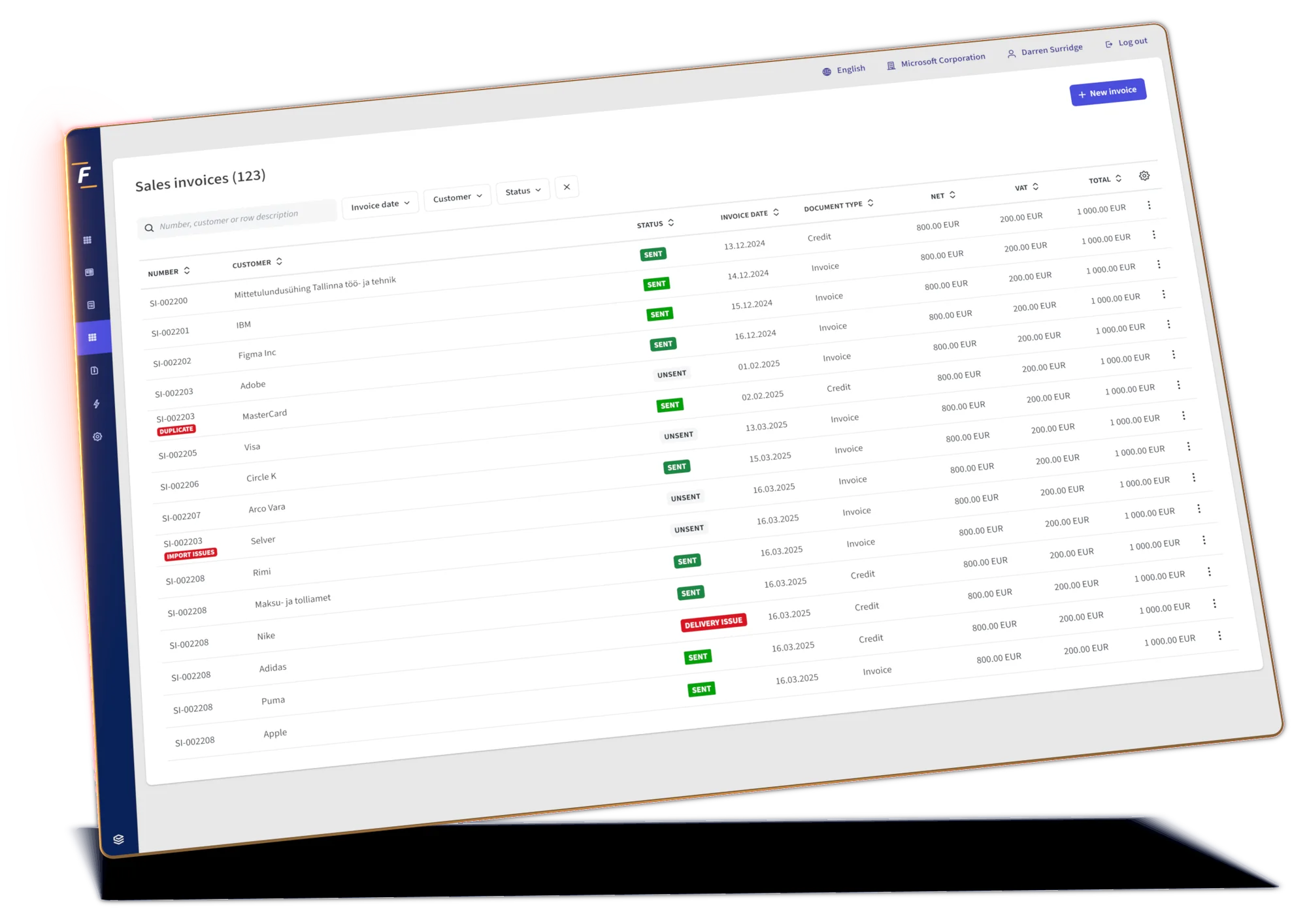 Fitek platform screen: sales invoices and e-invoice status