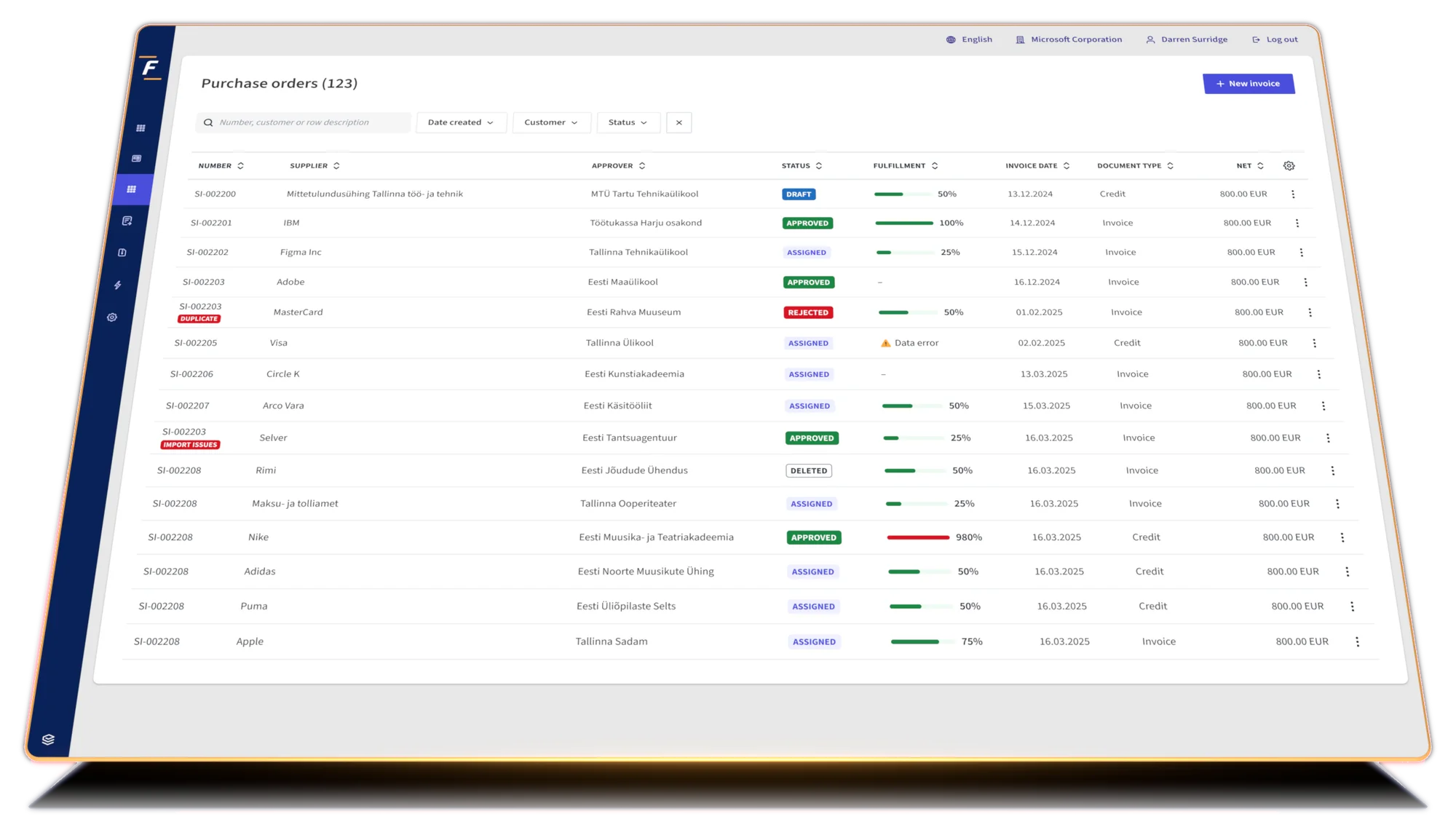 Fitek platform screen: purchase orders